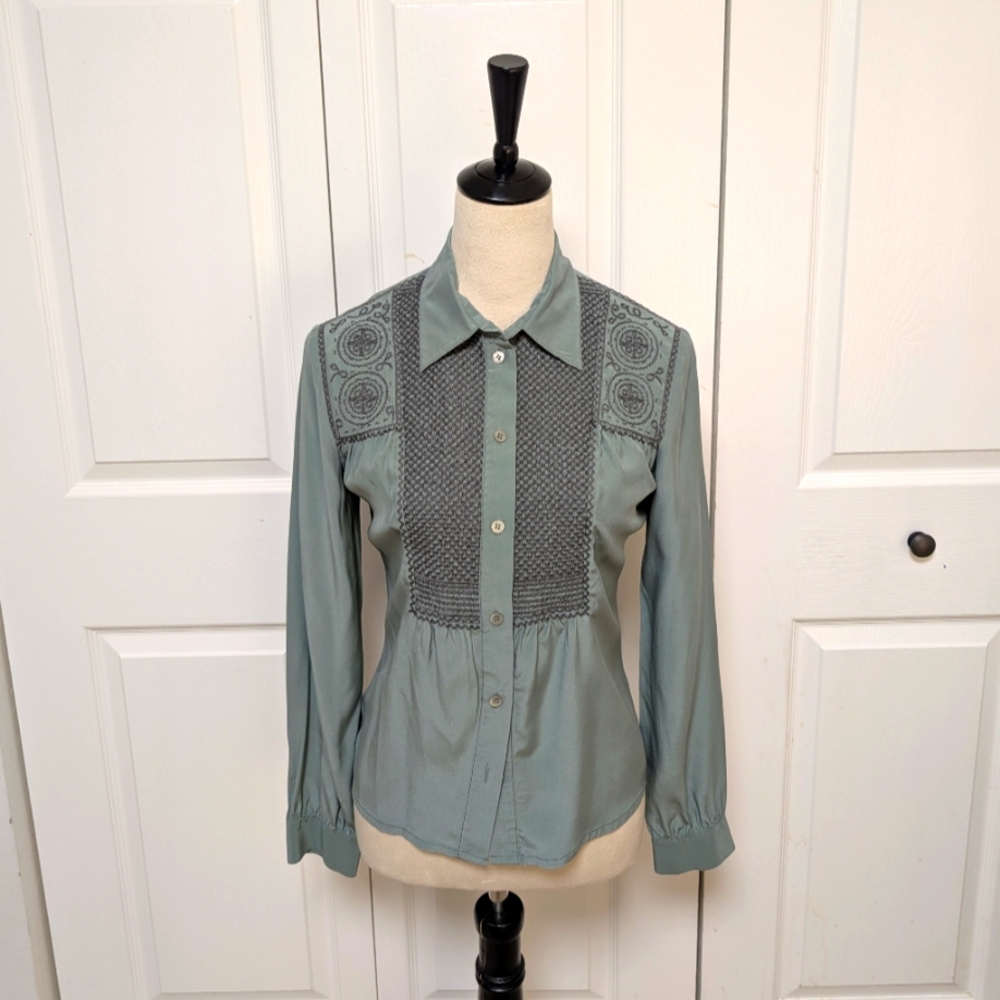 Cacharel Sea Green long sleeve Button Up embroidered Silk? Blouse